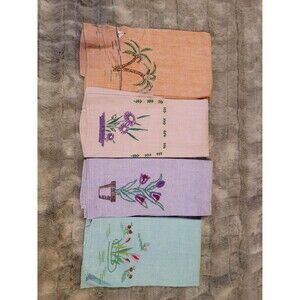 Set of Four Vintage Hand Embroidered Linen Tea Towels